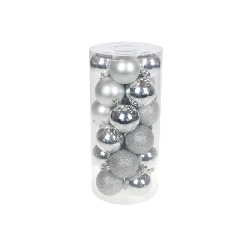Набір святкових ялинкових куль діаметром 6 см сріблястого кольору 24 шт глянсові глітер і матові, фото 1