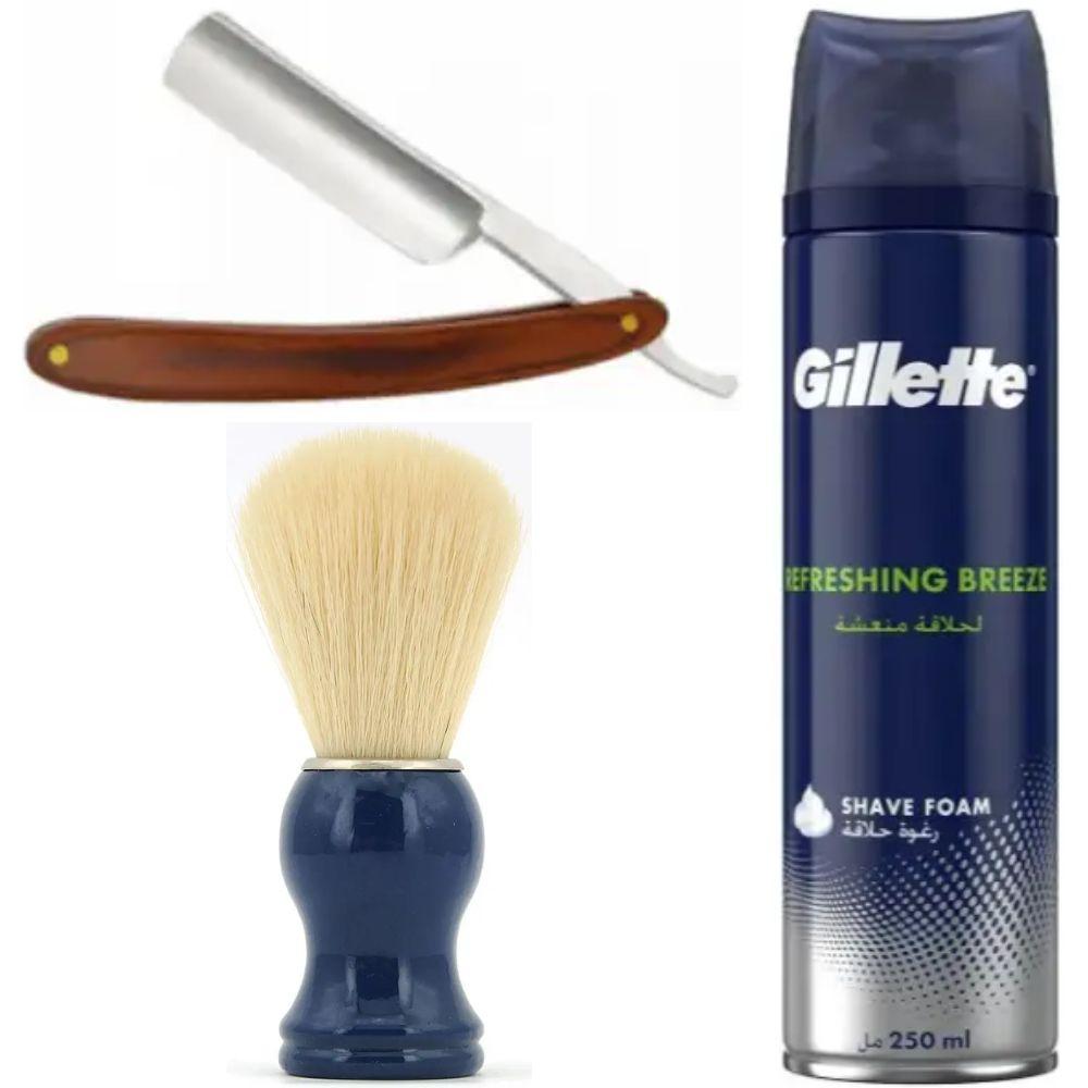 Небезпечна бритва/шавета розкладна Straight Razor + помазок SHIMA синій + піна для гоління Gillette Refreshing Breeze 250 мл, фото 1