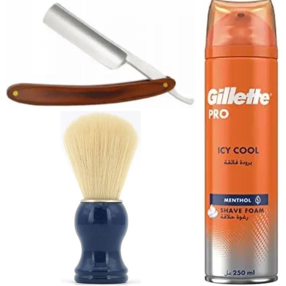Небезпечна бритва/шавета розкладна Straight Razor + помазок SHIMA синій + піна для гоління Gillette Pro Icy Cool з ментолом, фото 1