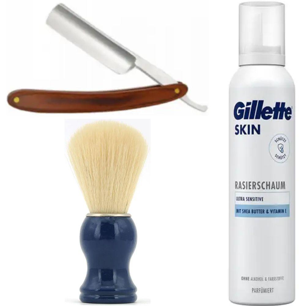 Небезпечна бритва/шавета розкладна Straight Razor + помазок SHIMA синій + піна для гоління Gillette Skin Ultra Sensitive, фото 1