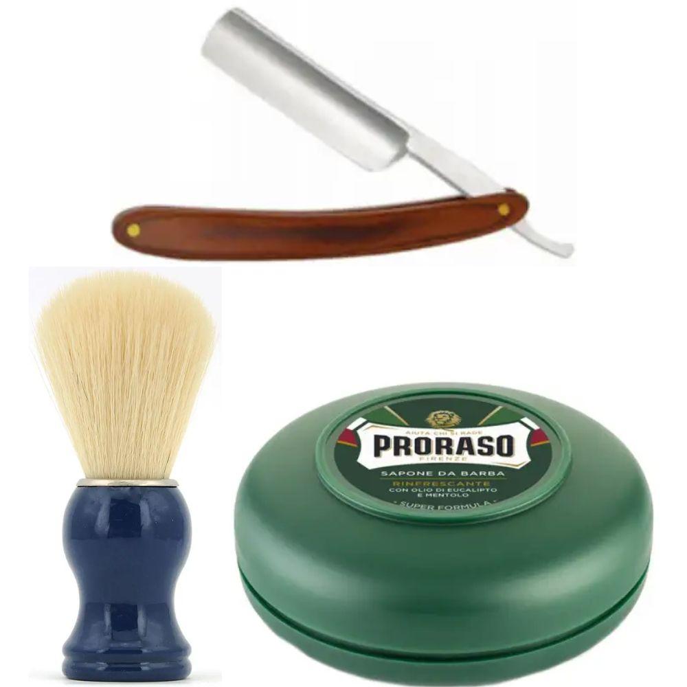 Небезпечна бритва/шавета розкладна Straight Razor + помазок SHIMA синій + мило для гоління Proraso Rinfrescante Green Eucalyptus, фото 1