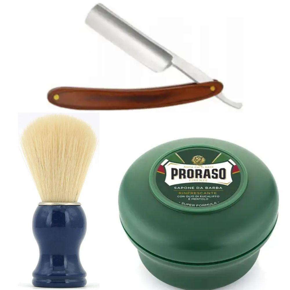 Небезпечна бритва/шавета розкладна Straight Razor + помазок SHIMA синій + мило для гоління Proraso Rinfrescante Green Eucalyptus, фото 1