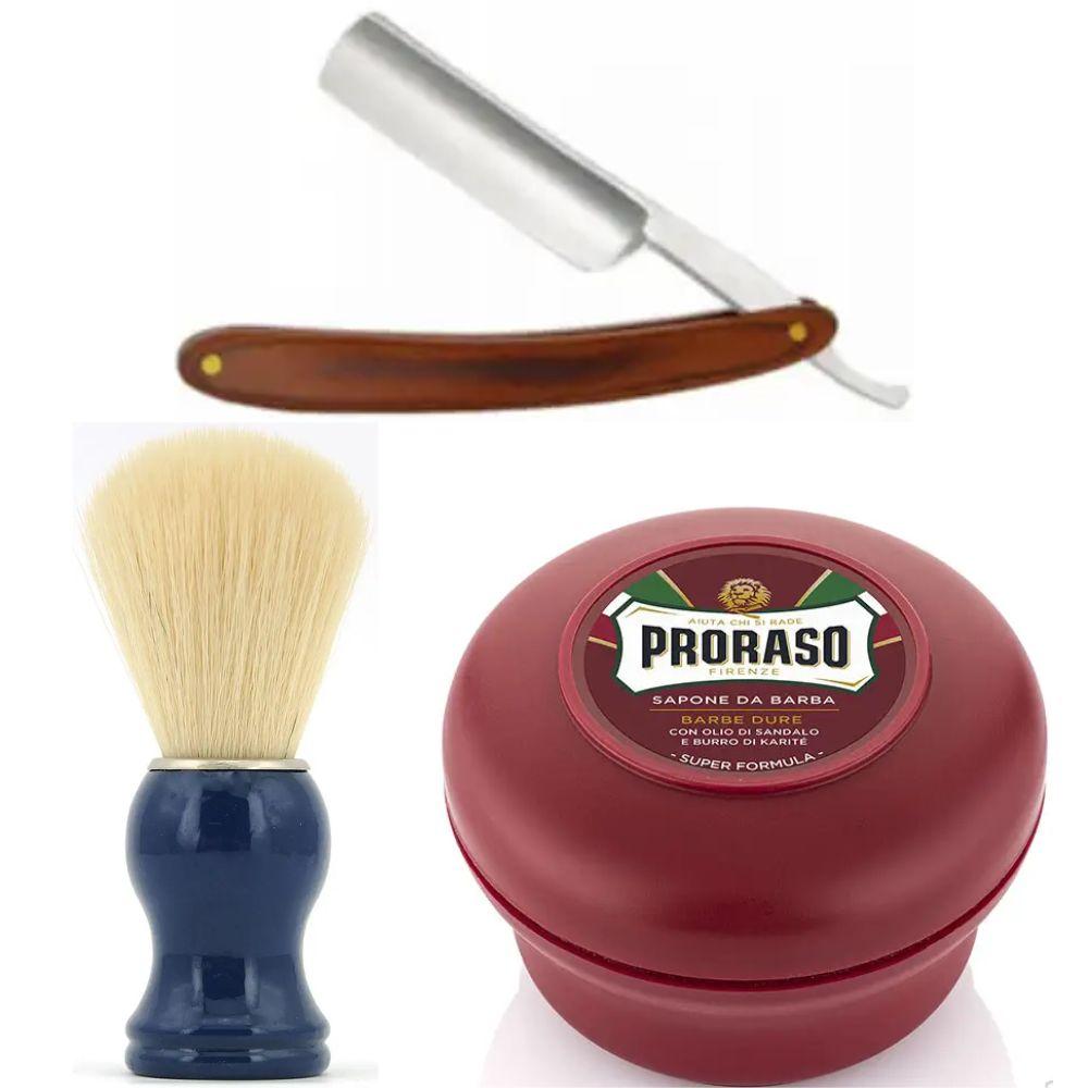 Небезпечна бритва/шавета розкладна Straight Razor + помазок SHIMA синій + мило для гоління Proraso для жорсткої щетини з маслом, фото 1
