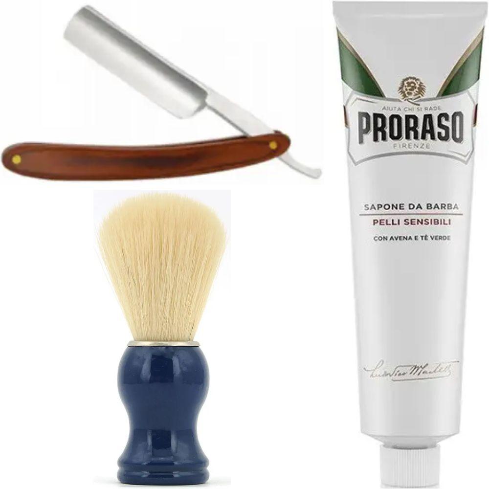 Небезпечна бритва/шавета розкладна Straight Razor + SHIMA синій + крем для гоління Proraso для чутливої шкіри з зеленим чаєм, фото 1