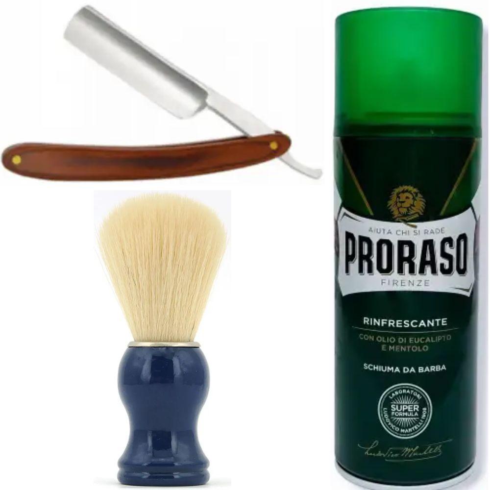 Небезпечна бритва/шавета розкладна Straight Razor + помазок SHIMA синій + піна для гоління Proraso тонізуюча евкаліпт і ментол, фото 1