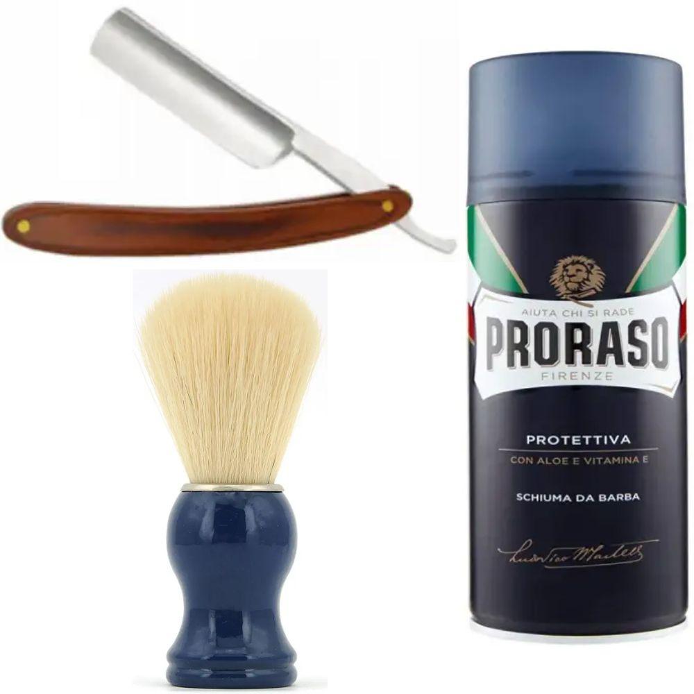 Небезпечна бритва/шавета розкладна StraightRazor + помазок SHIMA синій + піна для гоління Proraso з екстрактом алое та вітаміном Е, фото 1