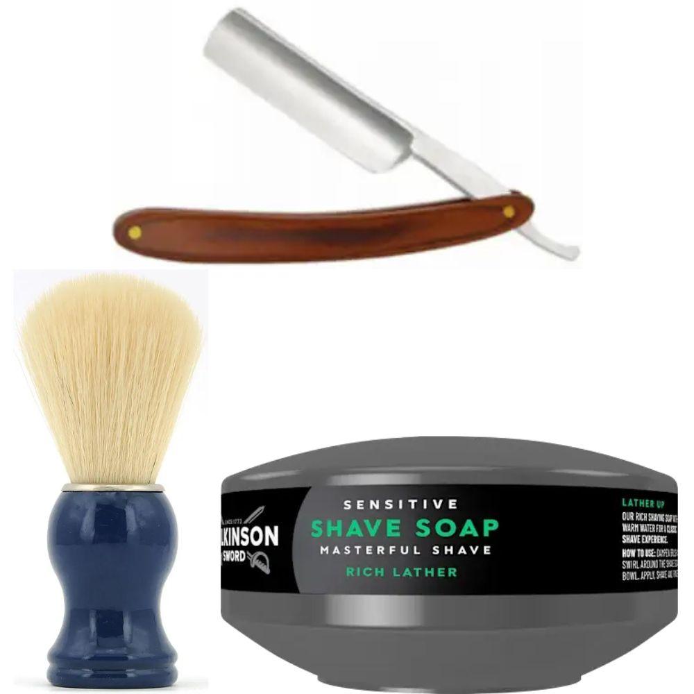 Небезпечна бритва/шавета розкладна Straight Razor + помазок SHIMA синій + мило для гоління Wilkinson Sword для чутливої шкіри 125г, фото 1