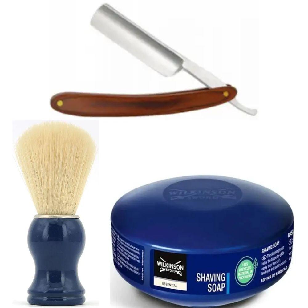 Небезпечна бритва/шавета розкладна Straight Razor + помазок SHIMA синій + мило для гоління Wilkinson Essential 125г, фото 1