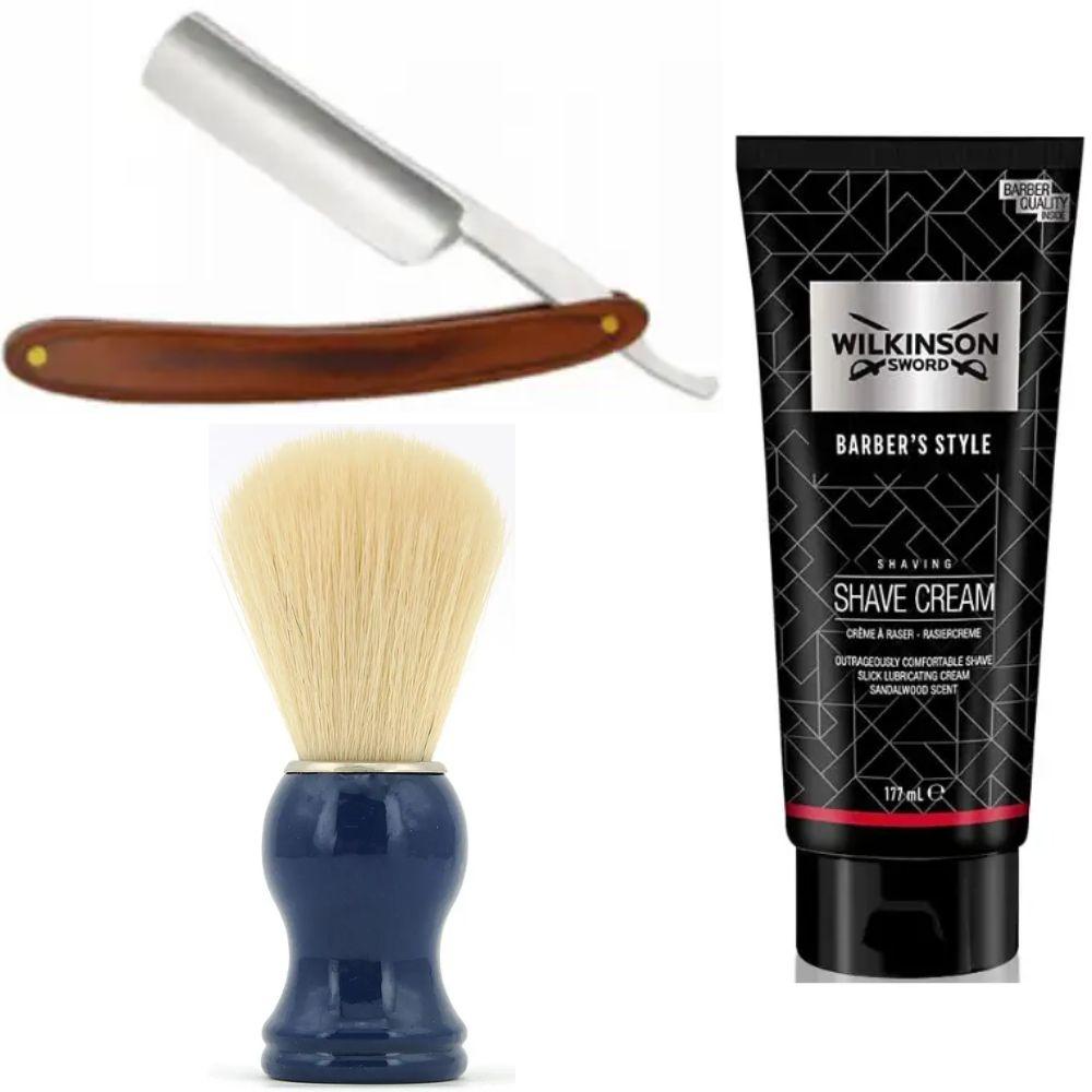 Небезпечна бритва/шавета розкладна Straight Razor + помазок SHIMA синій + крем для гоління Wilkinson Sword Barber's Style Shave, фото 1