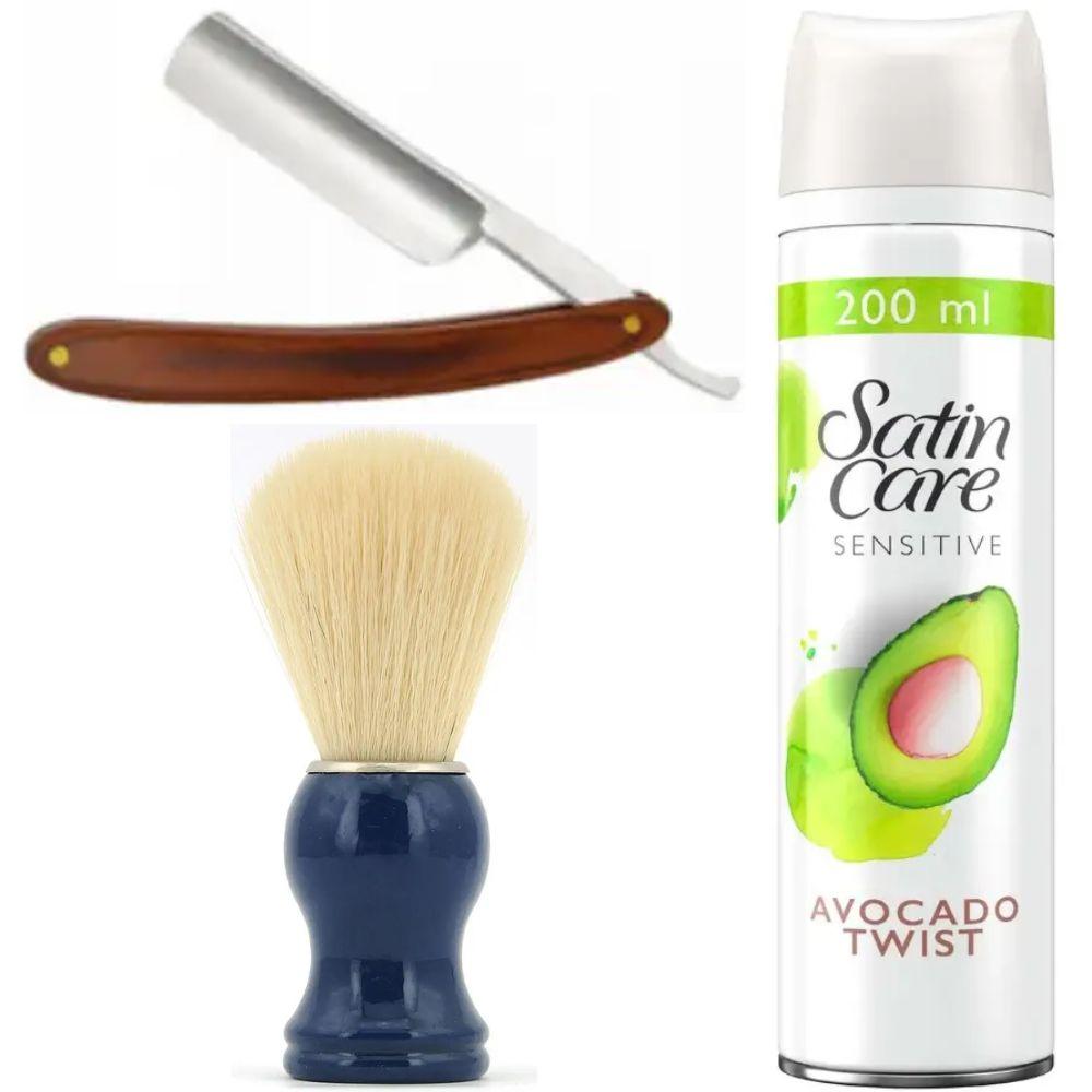 Небезпечна бритва/шавета розкладна Straight Razor + помазок SHIMA синій + гель для гоління Gillette Satin Care Gel Avocado 200 мл, фото 1