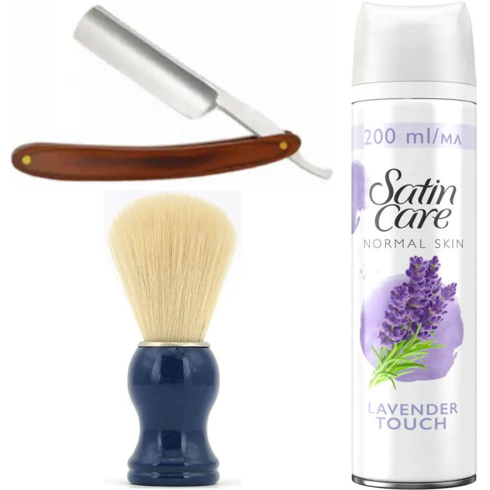 Небезпечна бритва/шавета розкладна Straight Razor + помазок SHIMA синій + гель для гоління Gillette Satin Care Gel Lavender 200 мл, фото 1