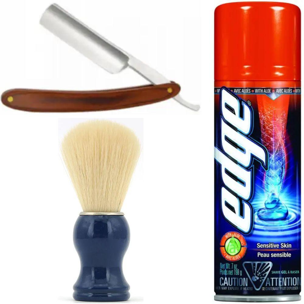 Небезпечна бритва/шавета розкладна Straight Razor + помазок SHIMA синій + гель для гоління Wilkinson Sword EDGE Sensitive, фото 1