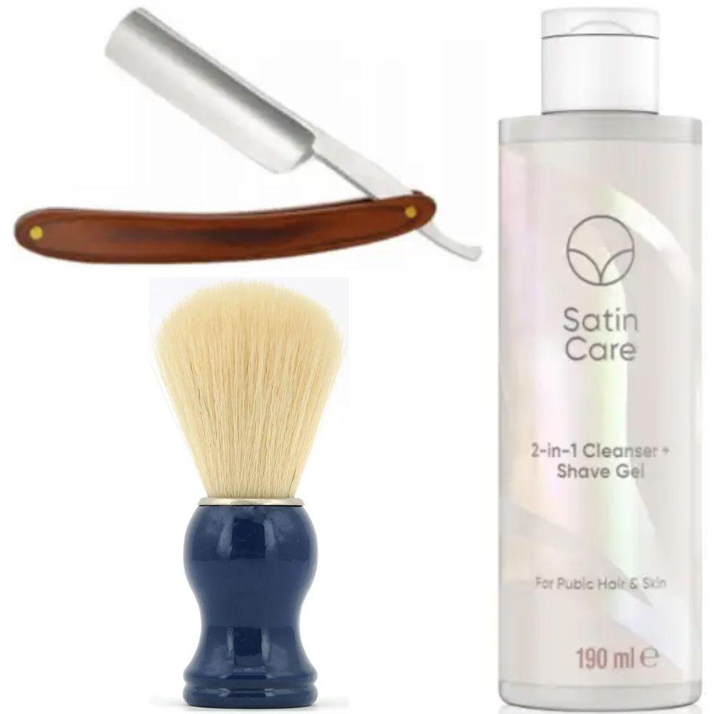 Небезпечна бритва/шавета розкладна Straight Razor + помазок SHIMA синій + гель для гоління Gillette Venus Venus Satin Care 2 в 1, фото 1