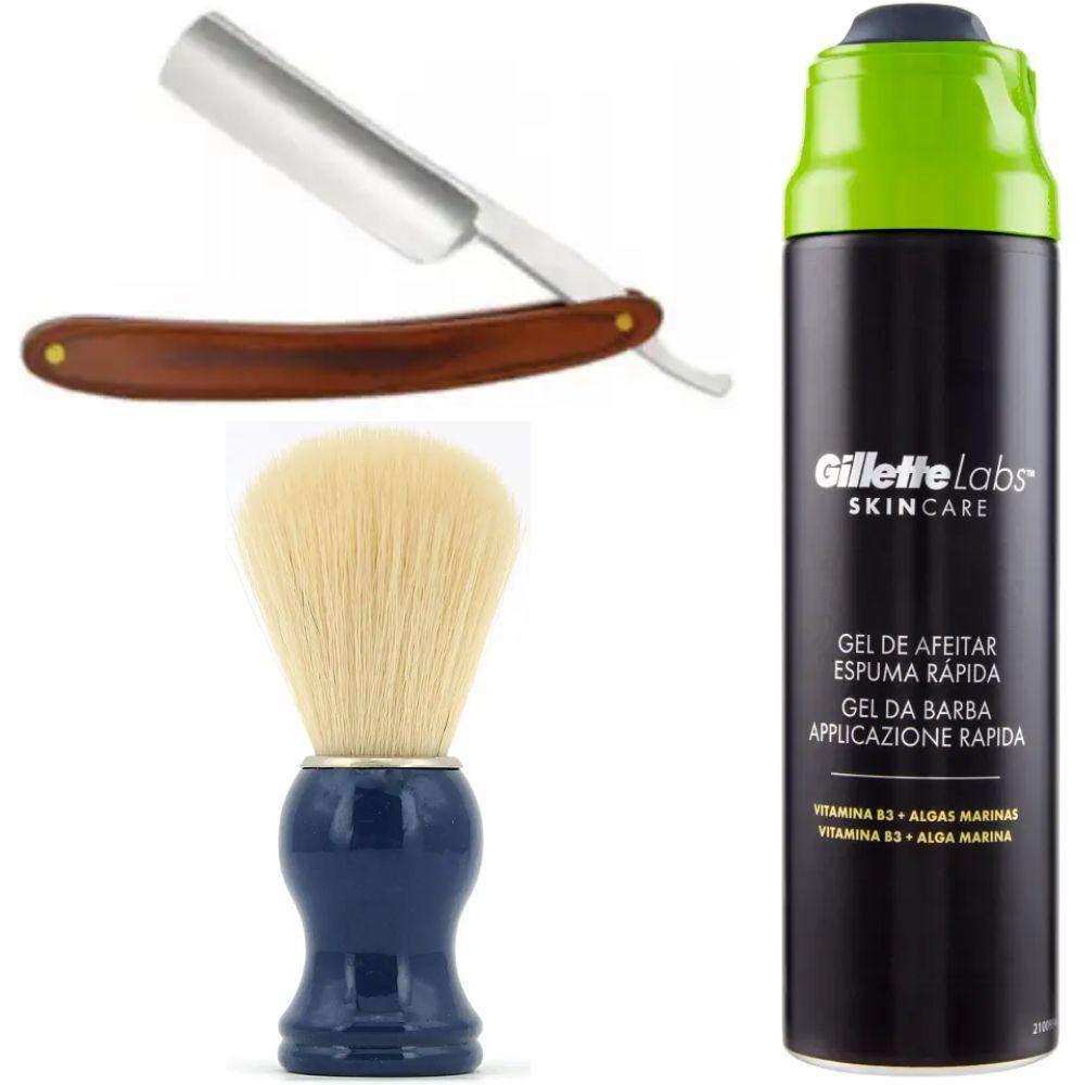 Небезпечна бритва/шавета розкладна Straight Razor + помазок SHIMA синій + гель для гоління Gillette Labs Gel 198 мл, фото 1