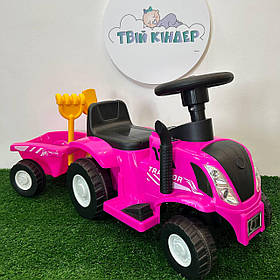 Дитяча електромобіль каталка толокар 2 в 1 Трактор M 6153 з причепом і інструментами Рожевий