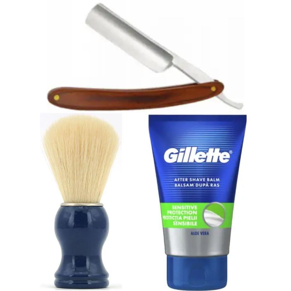 Небезпечна бритва/шавета розкладна Straight Razor + помазок SHIMA синій + бальзам після гоління Gillette Sensitive Protection, фото 1