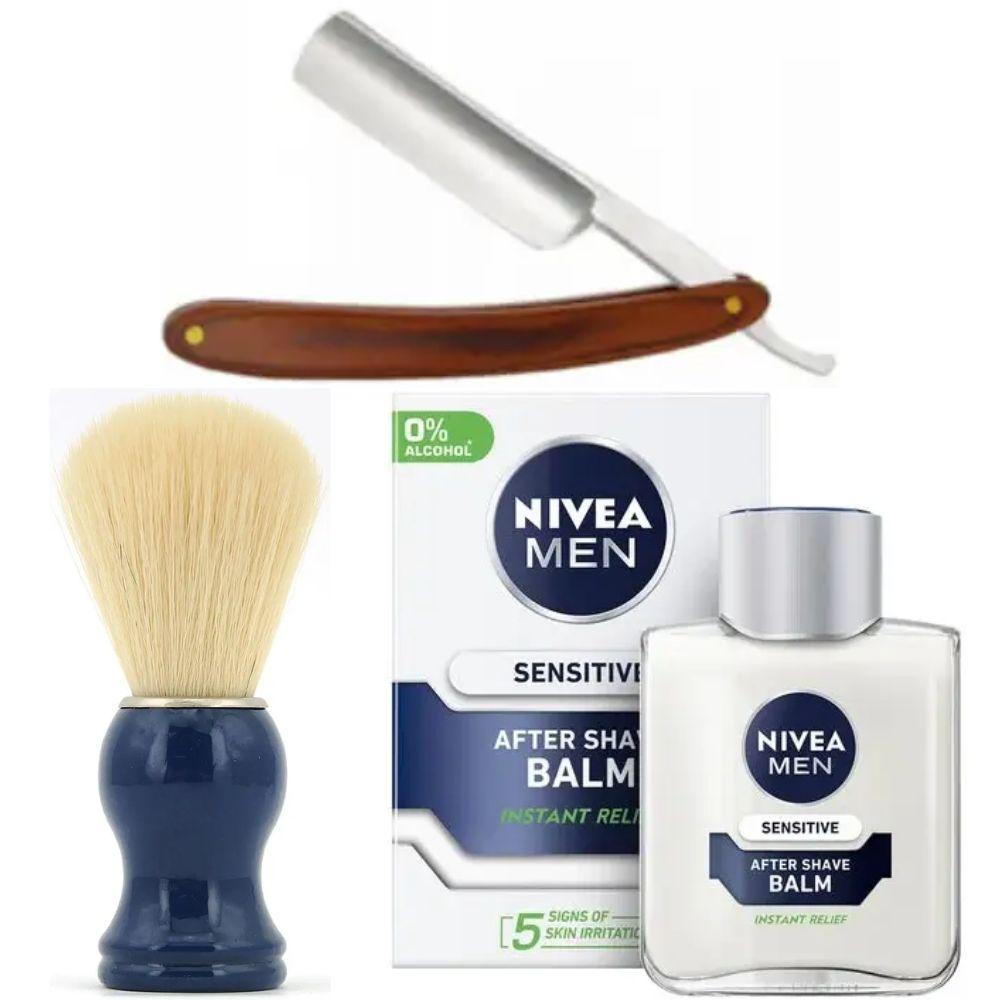 Небезпечна бритва/шавета розкладна Straight Razor + помазок SHIMA синій + бальзам після гоління Nivea Men Sensitivе 100 мл, фото 1