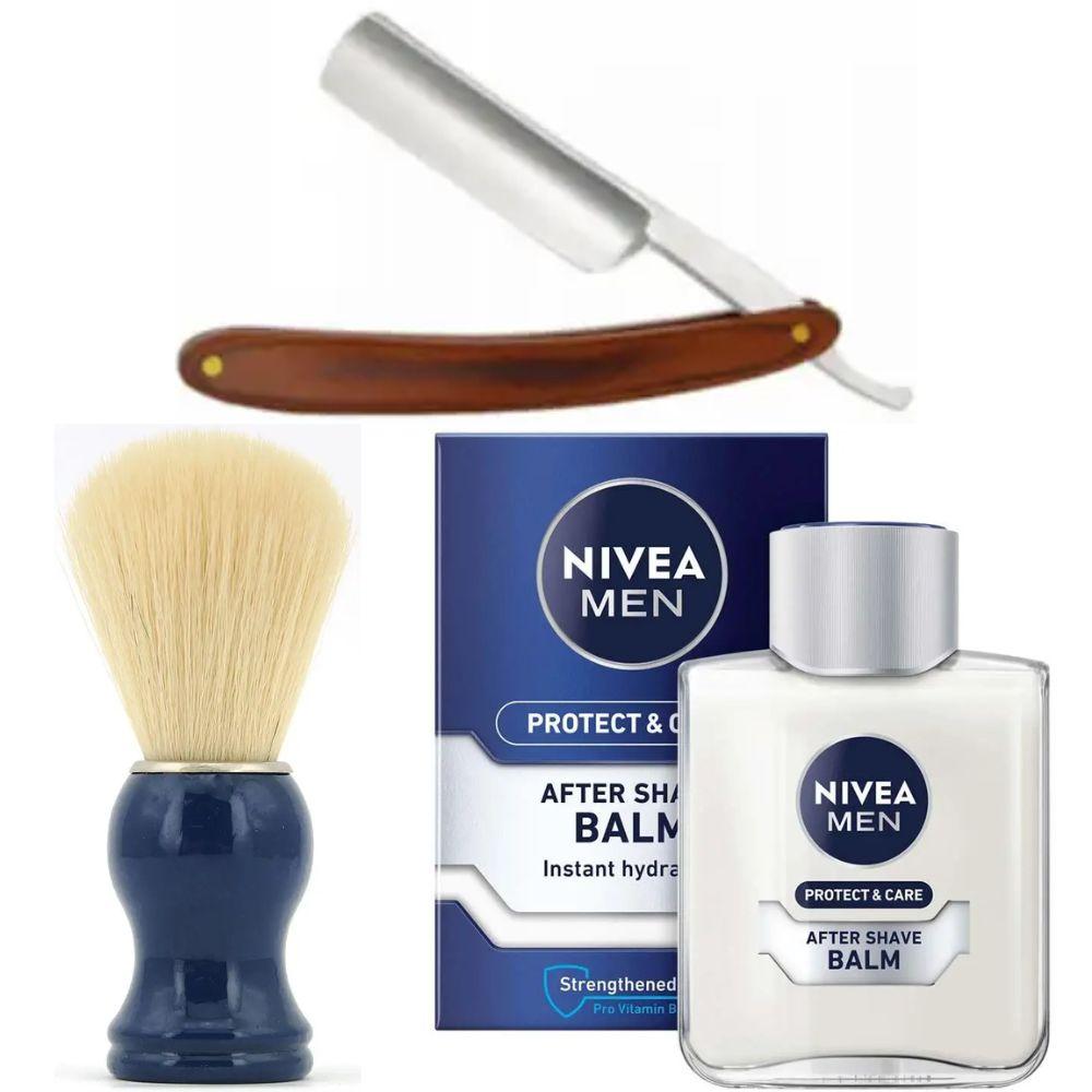 Небезпечна бритва/шавета розкладна Straight Razor + помазок SHIMA синій + бальзам після гоління Nivea Men Protect & Care 100 мл, фото 1
