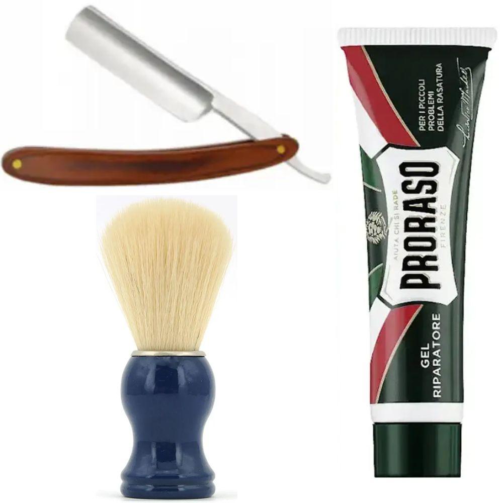 Небезпечна бритва/шавета розкладна Straight Razor + помазок SHIMA синій + гель від порізів Proraso Razor Cut Repair Gel, фото 1