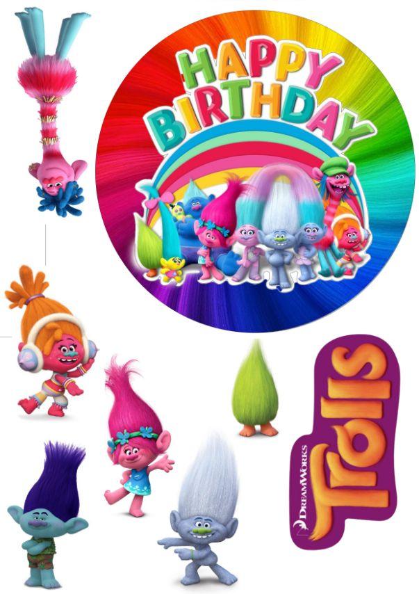 Вафельна картинка "Happy Birthday" "Trolls" /ВК-0020/ - А4, фото 1