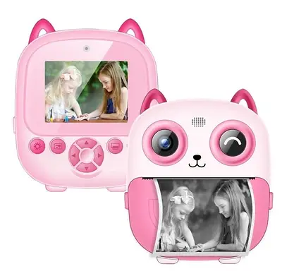 Дитячий фотопринтер фотоапарат Котик з миттєвим чорно-білим друком 2 кольори Фронтальна камера відео 4 ігри type-c