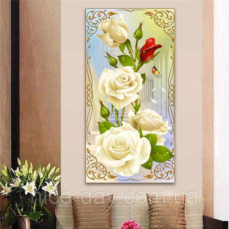 Картина для малювання камінням Diamond painting Алмазна вишивка "Білі троянди"