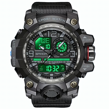 Годинник військовий тактичний чорний протиударний водонепроникний з підсвічуванням будильник секундомір Sanda Army