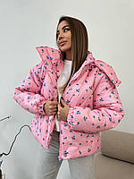 Куртка укорочена пряма, весна, осінь, жіноча, біла, рожева, модна, на блискавці, з капюшоном, розмір 42-48 Рожевий