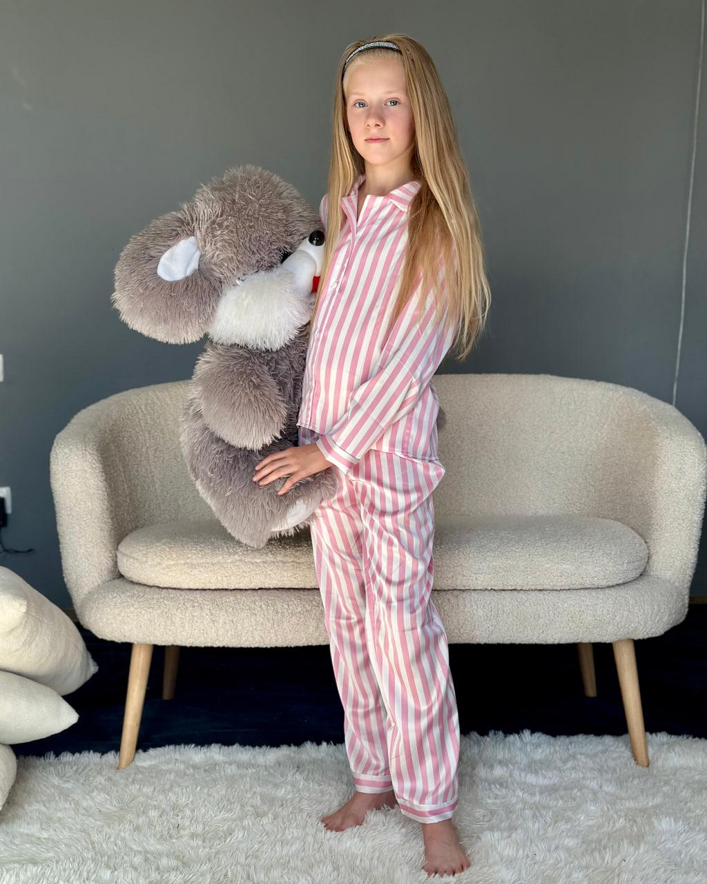 Піжама дитяча домашня шовкова сорочка зі штанами Рожева смужка, фото 1