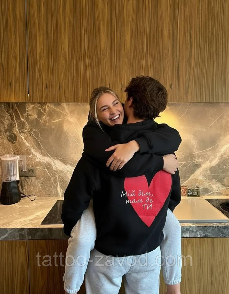 Парные худи с принтом на спине с капюшоном трёхнить на флисе, фото 1