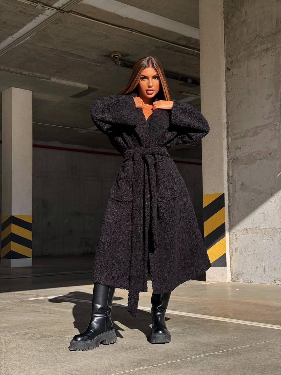 Жіноче тепле Пальто на запах з відкладним коміром із хутра баранчик (р. S-L) 66pt260Е, фото 1