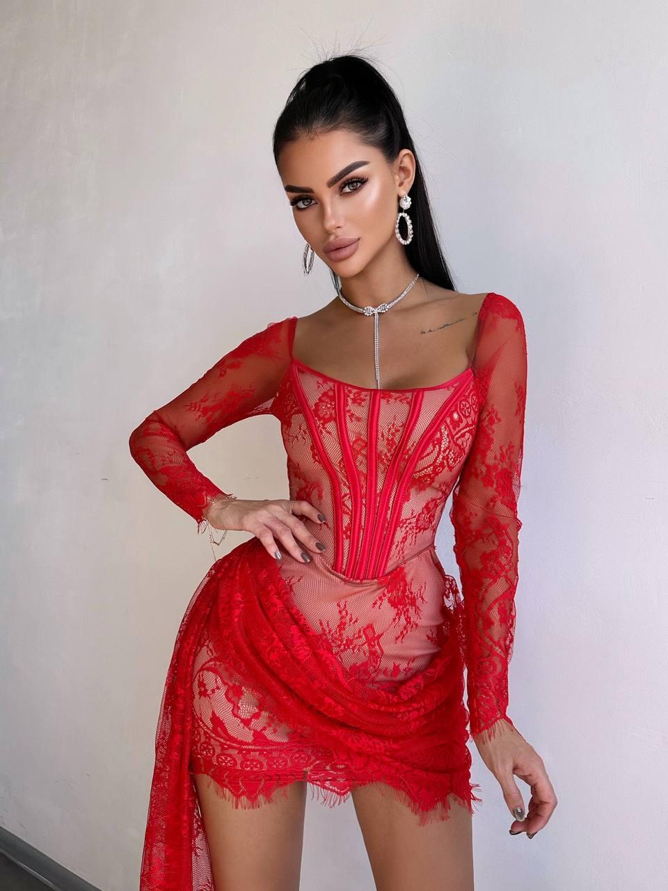 Мереживне плаття бюстьє коротке зі шлейфом хвостом і спідницею зі складками (р. 42, 44) 66py6144Е, фото 1