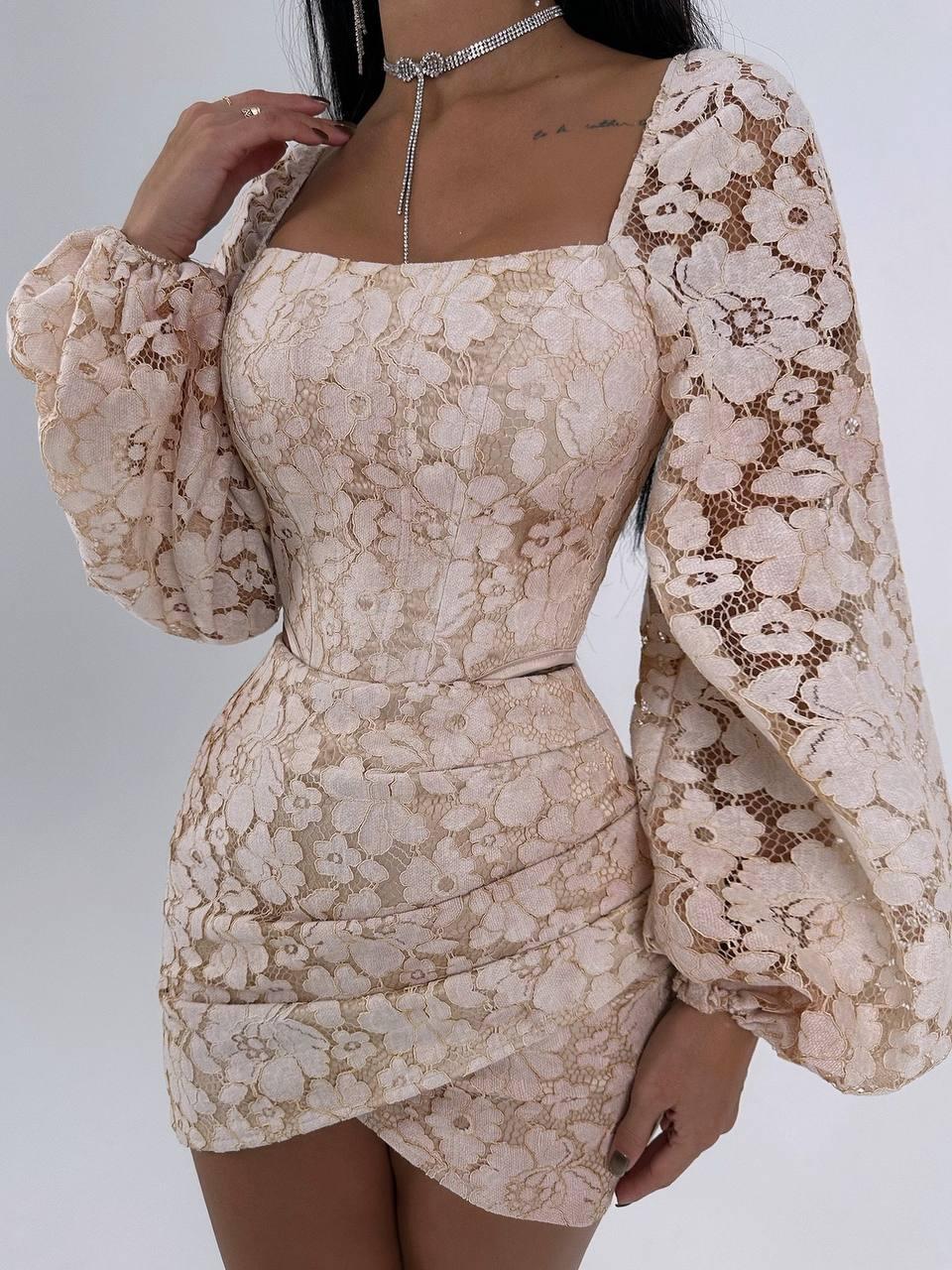 Мереживне плаття-двійка з корсетним верхом із рукавами ліхтариками та міні спідницею (р. S, M) 66py6146Е, фото 1