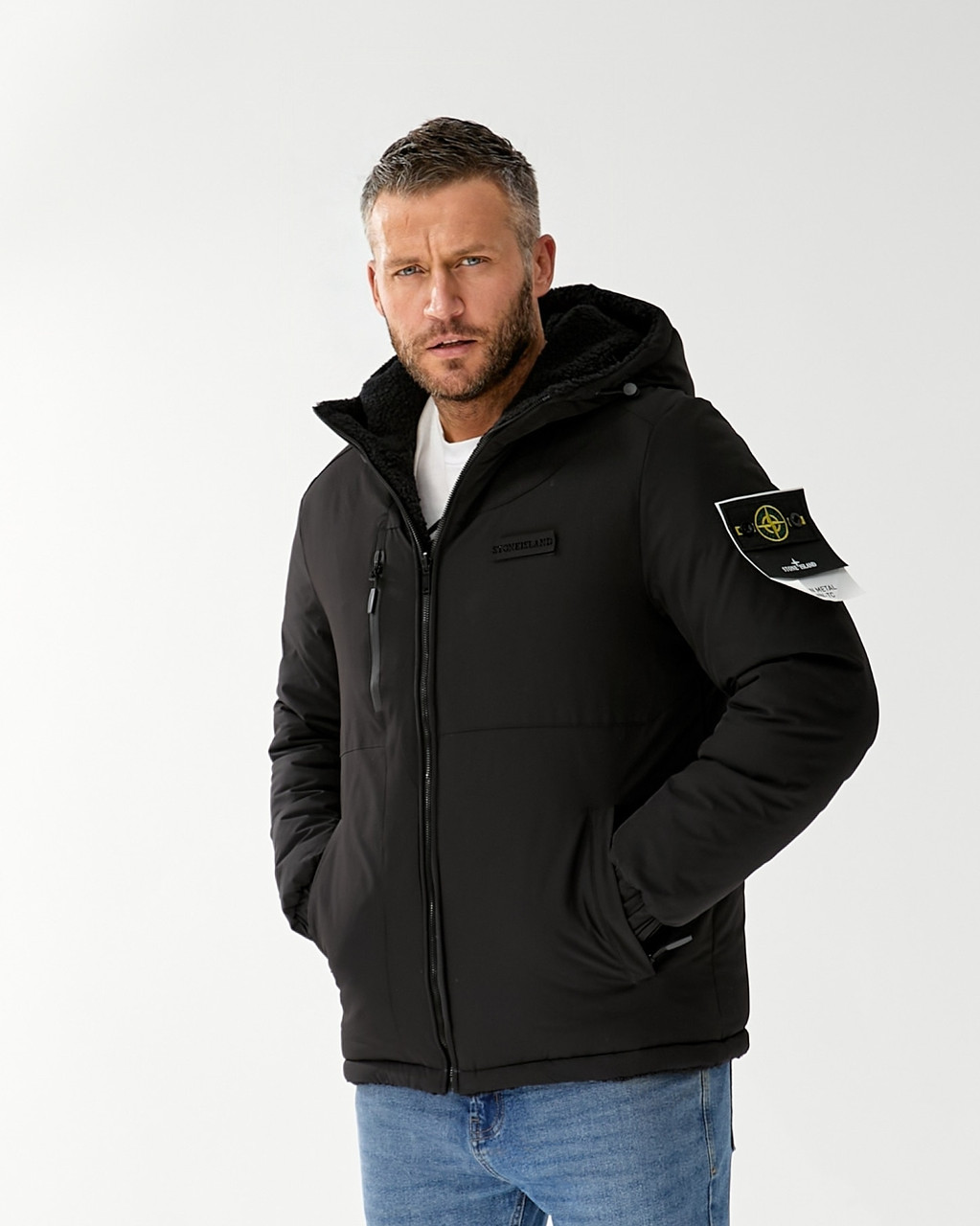 Чоловіча зимова куртка Stone Island двостороння тепла Стон Айленд чорна