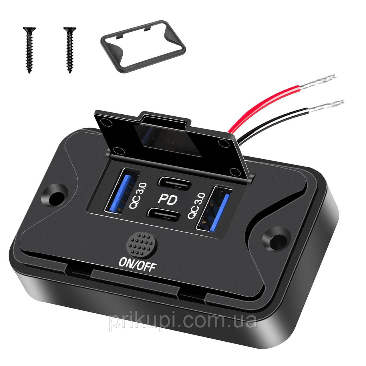 Накладне заряджання з кнопкою в авто для телефона, 2 USB + 2 Type-C PD, 12-24 В, QC 3.0 (швидка зарядка), Синя