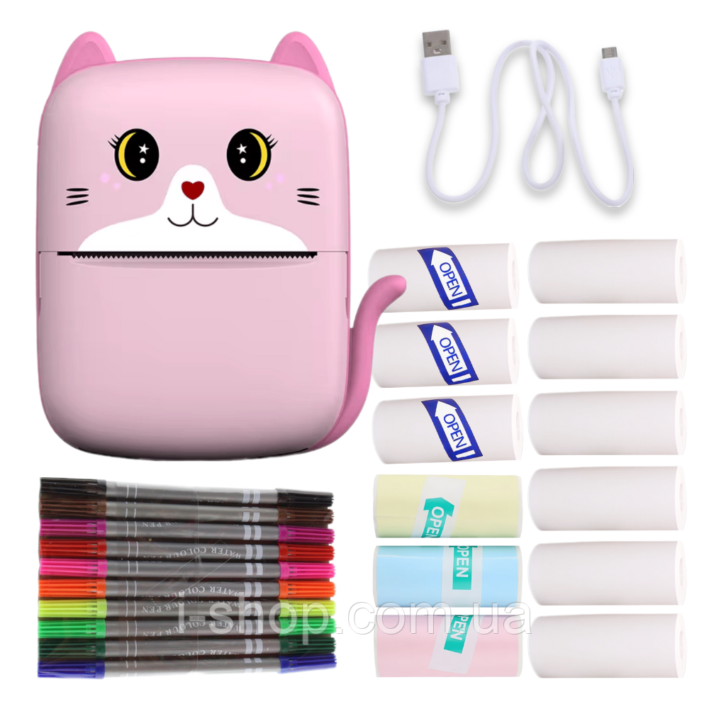 Портативний термопринтер мобільний міні принтер з наклейками Котик рожевий з набором паперу 12 шт, фото 1