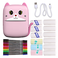 Портативний термопринтер мобільний міні принтер з наклейками Котик рожевий з набором паперу 12 шт