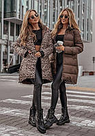 Жіноча подовжена двостороння куртка на зиму з капюшоном. Чорний + лео / шоколад + лео. 42-44; 46-48; 50-52.