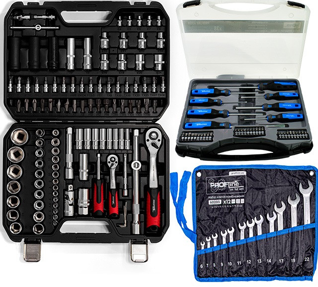 Набір інструмента 3в1 (набір 111 од + набір викруток із набором біт 38 од + набір ключів комбінованих 12 од) Profline 68111-110