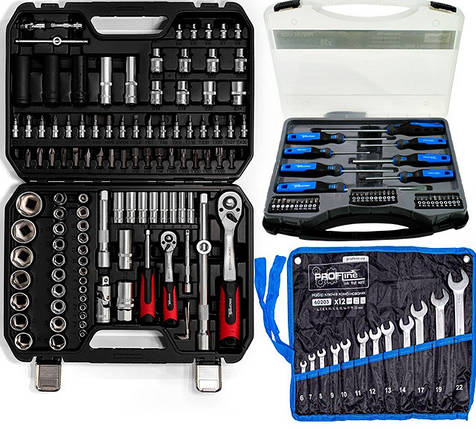 Набір інструмента 3в1 (набір 111 од + набір викруток із набором біт 38 од + набір ключів комбінованих 12 од) Profline 68111-110, фото 1