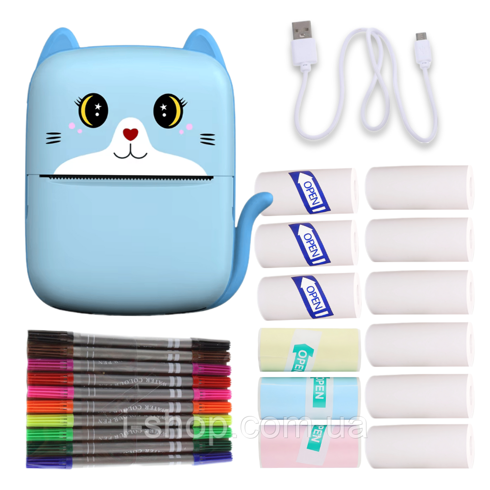 Портативний термопринтер мобільний міні принтер з наклейками Котик блакитний з набором паперу 12 шт, фото 1