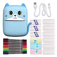 Портативний термопринтер мобільний міні принтер з наклейками Котик блакитний з набором паперу 12 шт