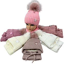 В'язана шапка з флісом і бубоном + бафф для дітей та підлітків Розмір: 50-56 (17226)