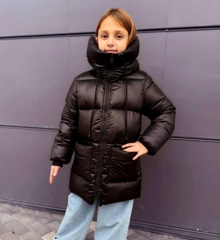 Зимовий пуховик на дівчинку подовжений теплий куртка зимова чорна 122-140р