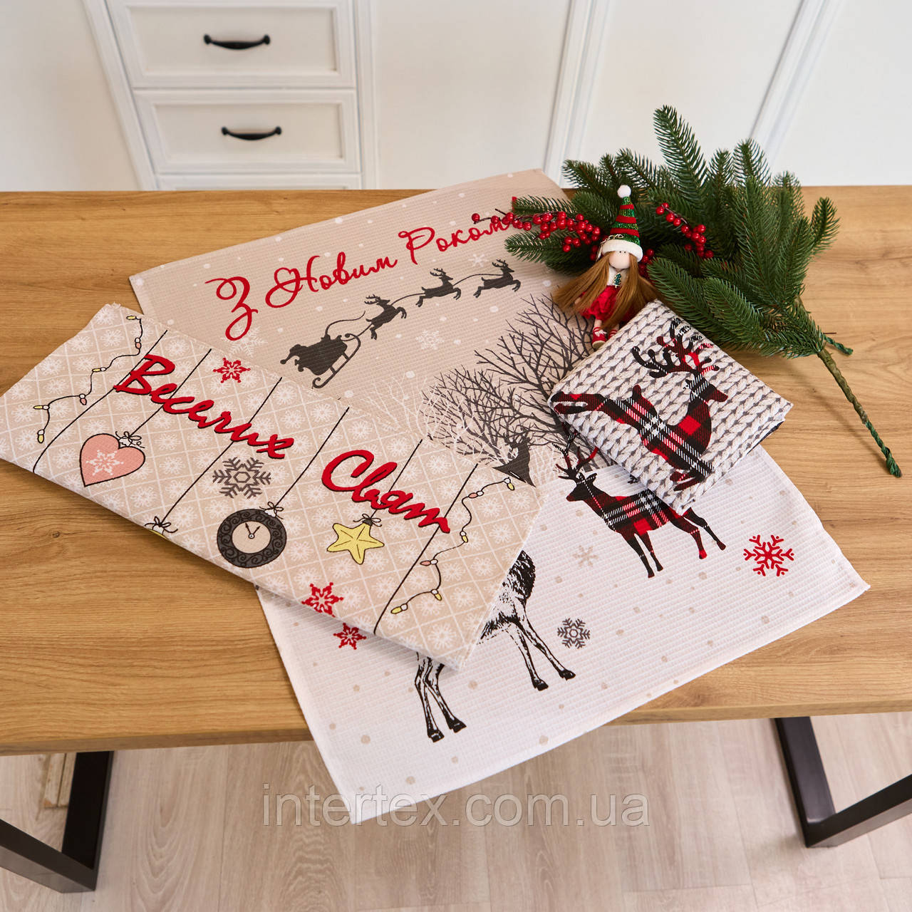 Кухонні рушники вафельні "Щасливого Різдва" 3шт. 60х47 см, фото 1