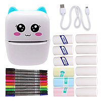 Бездротовий міні принтер X5 Котик блакитний дитячий Bluetooth термопринтер для телефону 12 рулонів + фломастери