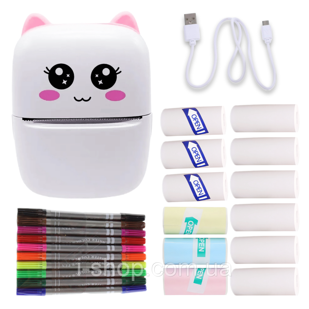 Портативний термопринтер мобільний міні принтер з наклейками Котик X5 рожевий з набором паперу 12 шт, фото 1