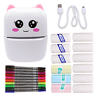 Портативний термопринтер мобільний міні принтер з наклейками Котик X5 рожевий з набором паперу 12 шт