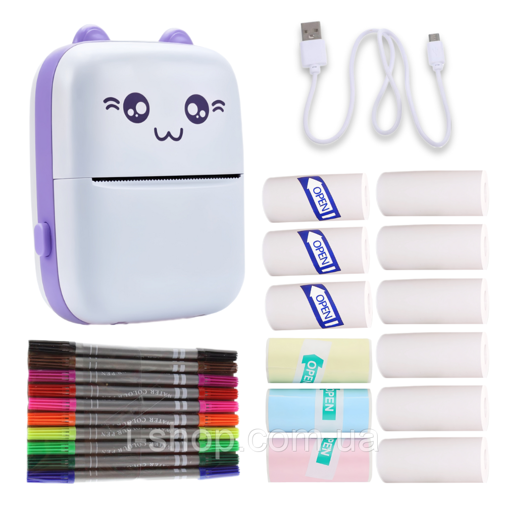 Портативний термопринтер мобільний міні принтер з наклейками Котик 09 фіолетовий з набором паперу 12 шт, фото 1