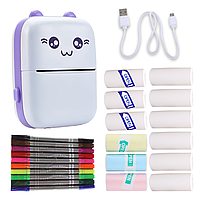 Портативний термопринтер мобільний міні принтер з наклейками Котик 09 фіолетовий з набором паперу 12 шт